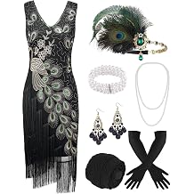 ELFIN 20s Dresses Flapper Dress Women's Vintage 1920s Costume Dresses Sequins Fringe Gatsby Dress 20s Accessories with Headband, Headwear, Long Black Gloves, Necklace