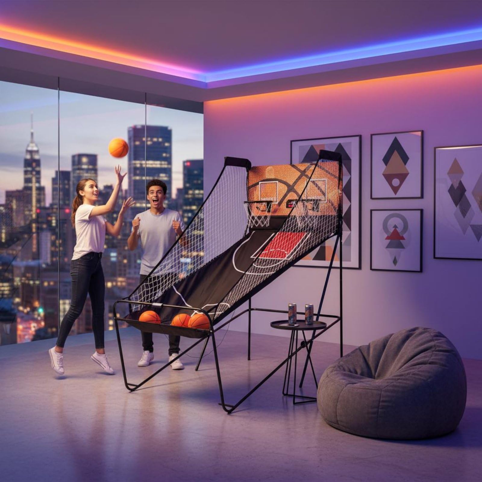 Indoor Basketball Spiel Basketball Arcade Set Korbanlage Wurfspiel Elektronischer Punktezähler Zweispieler Faltbar mit 5 Mini Bällen aus Stahlrohr Und MDF für Eltern Kind Spielzimmer Partys