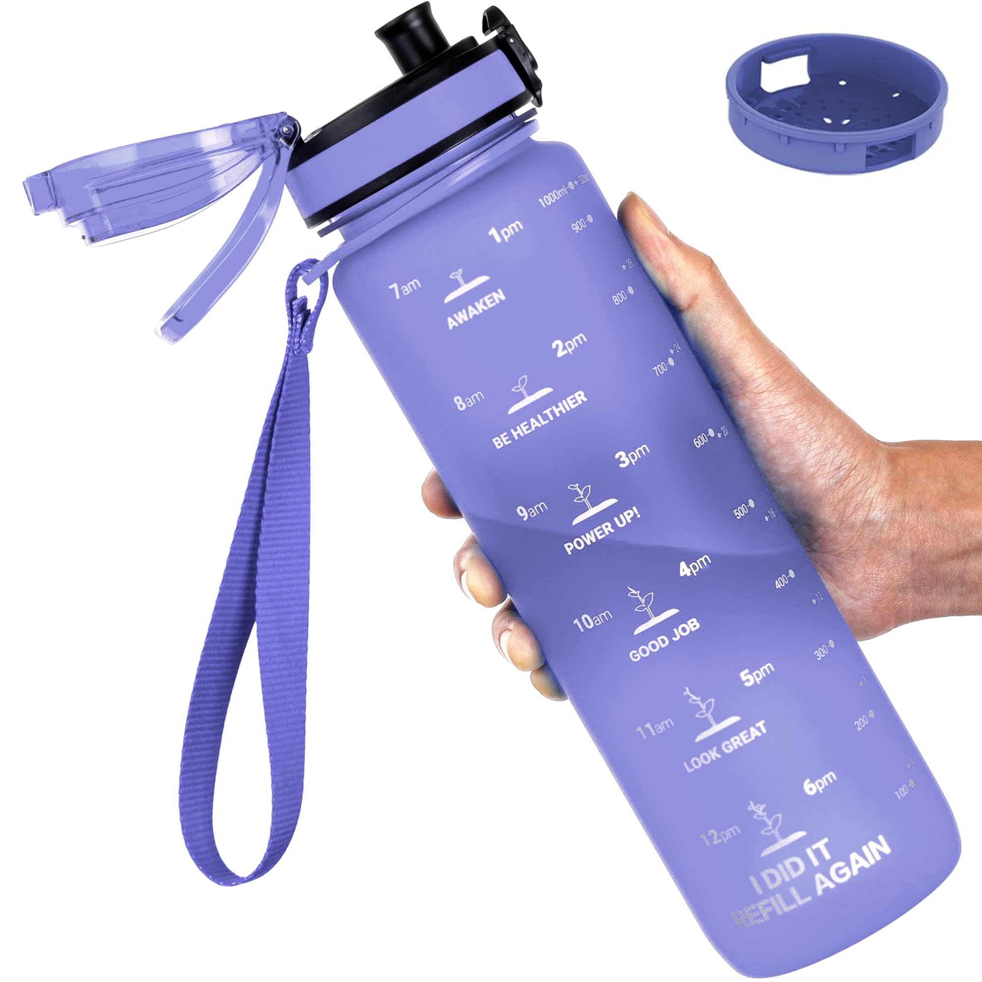 GOPPUS 1L/32oz Tritan Water Bottle (No Straw)-Soft Matte Finish Drink Bottle with Measurements Bottles with Lockable Flip Top Motivational Bottles with Time Marks for Adults BPA Free (Purple)