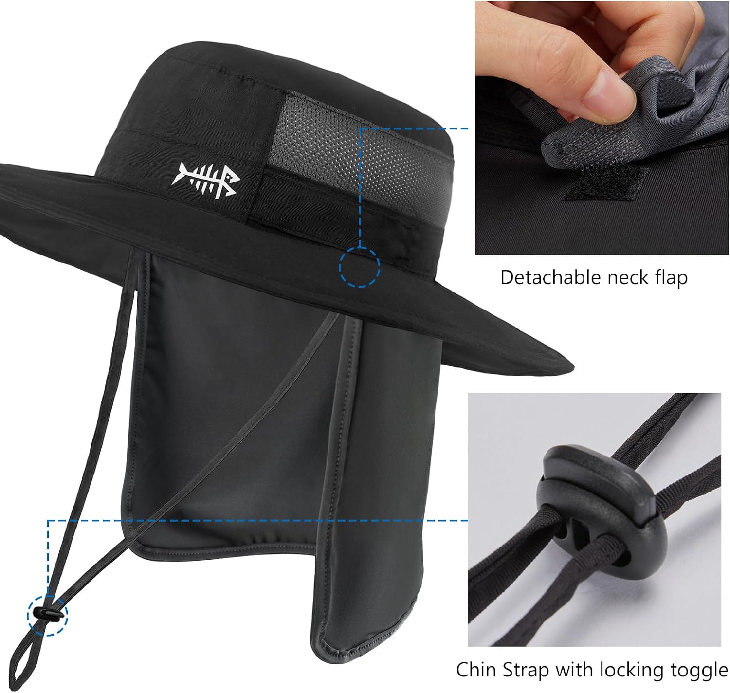 BASSDASH UPF 50+ Sun Fishing Hat Water Resistant with Detachable Neck Flap