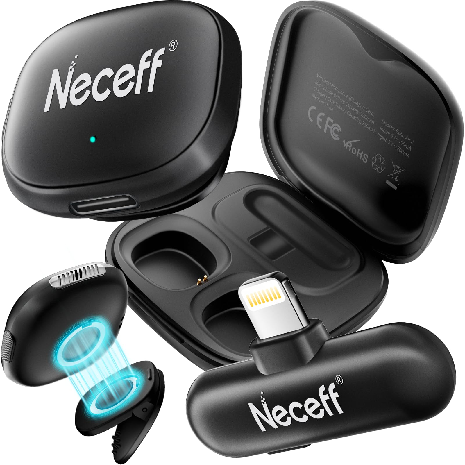 Neceff Echo AIR2 Wireless Lavalier Microphone for iPhone 14 13 12