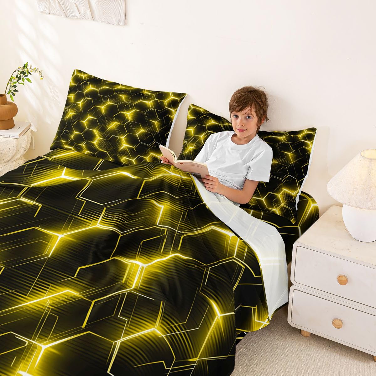 Homewish Zestaw pościeli dla chłopców o strukturze plastra miodu, żółty, neonowy, geometryczny zestaw prześcieradeł dla nastolatków mężczyzn, złote sześciokątne wzornictwo, płaskie prześcieradło do