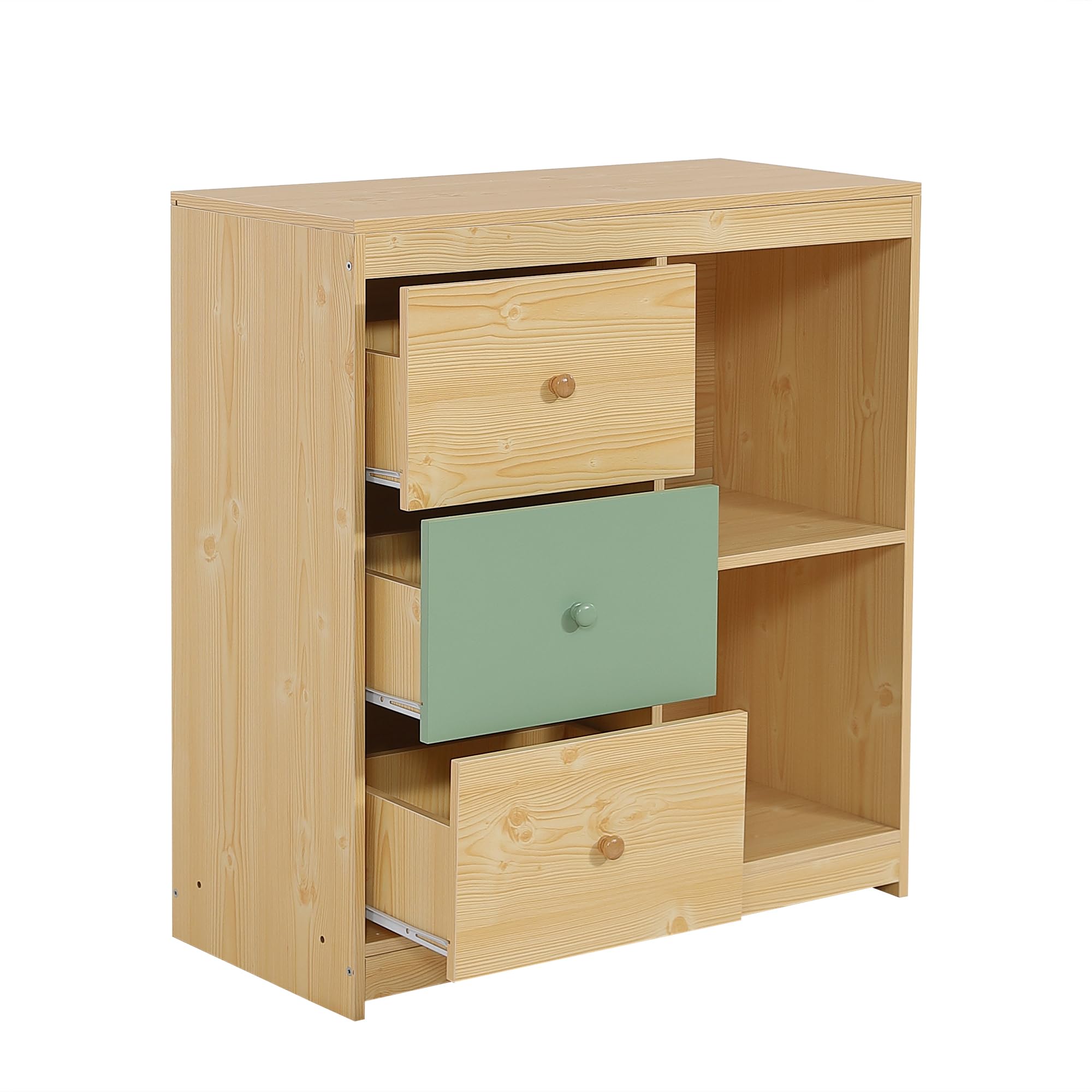 Su & Chan Legence Hochbett 90x200 cm mit Rutsche für Kinder, Hausbett mit dreistufiger Treppe, Kleiderschrank und Schubladen, aus Kiefernholz, in Grün und Naturholz