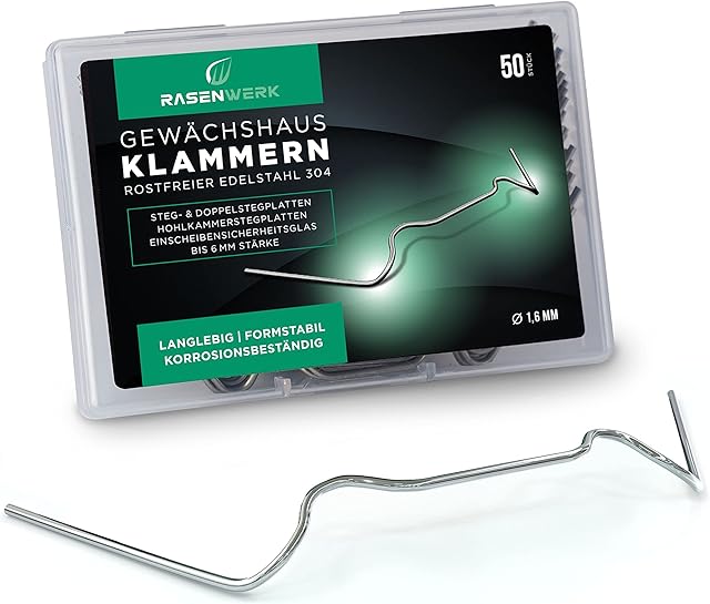 RASENWERK® - obejmy do szklarni ze stali nierdzewnej 304-50 sztuk - obejmy do szklarni o dużej sile zacisku - obejmy montażowe - szklarnia - akcesoria do szklarni - 95 x 40 mm - 1,6 mm grubości