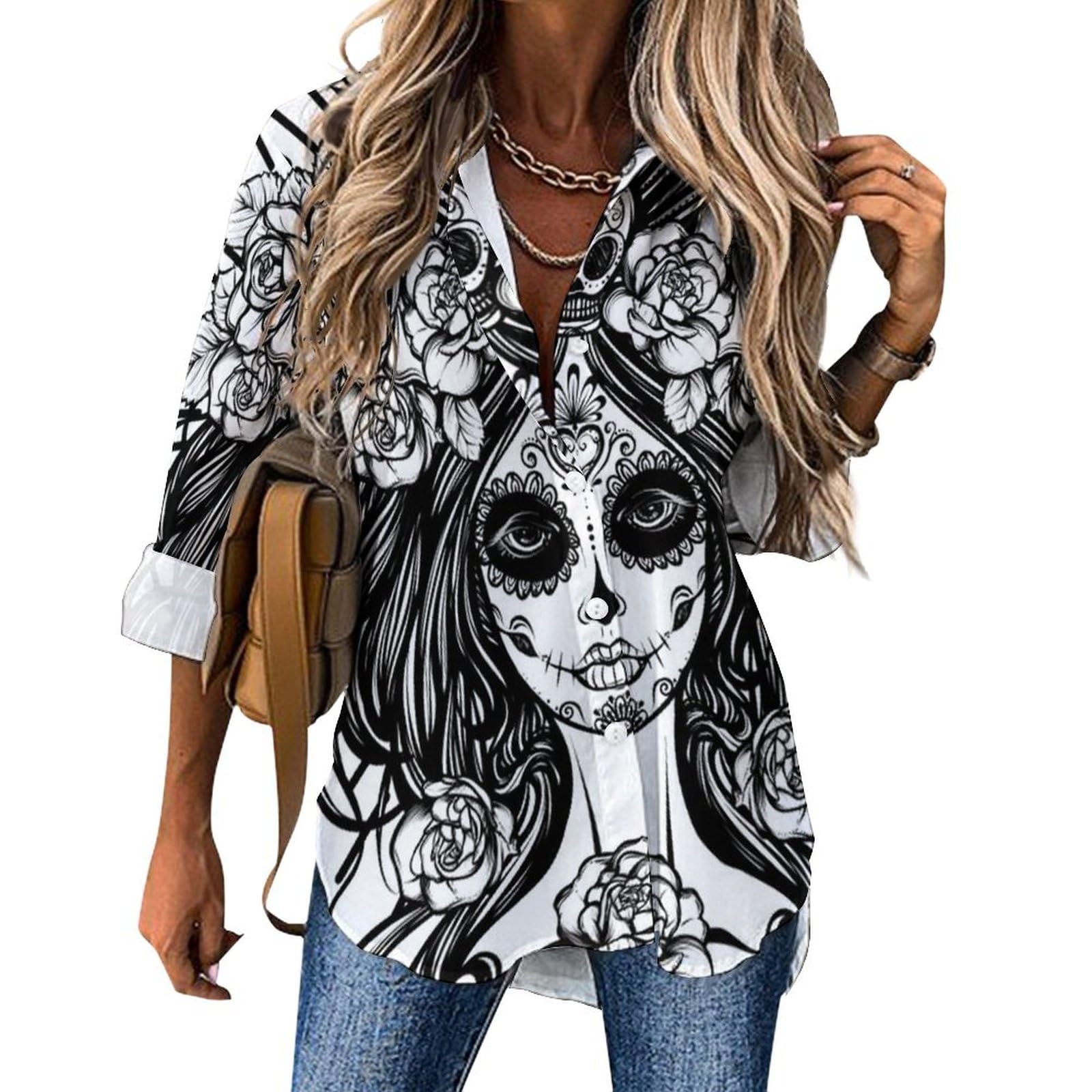 Cmagnifico Women's Dia De Los Muertos Skull Day Of The Dead Eucalyptus Leaves Dog Paw Blouse, Long Sleeve Shirt, Button Down Shirt For Work Party