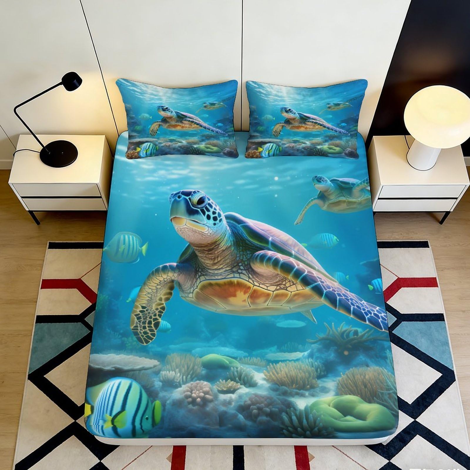 Pnayamiorkfel Style-4 3D Printed Sea Turtle Ocean Fitted Sheet Microfiber Soft Bed Cover Underwater Fish Mattress Cover For Bedroom Decor 90X200x25cm