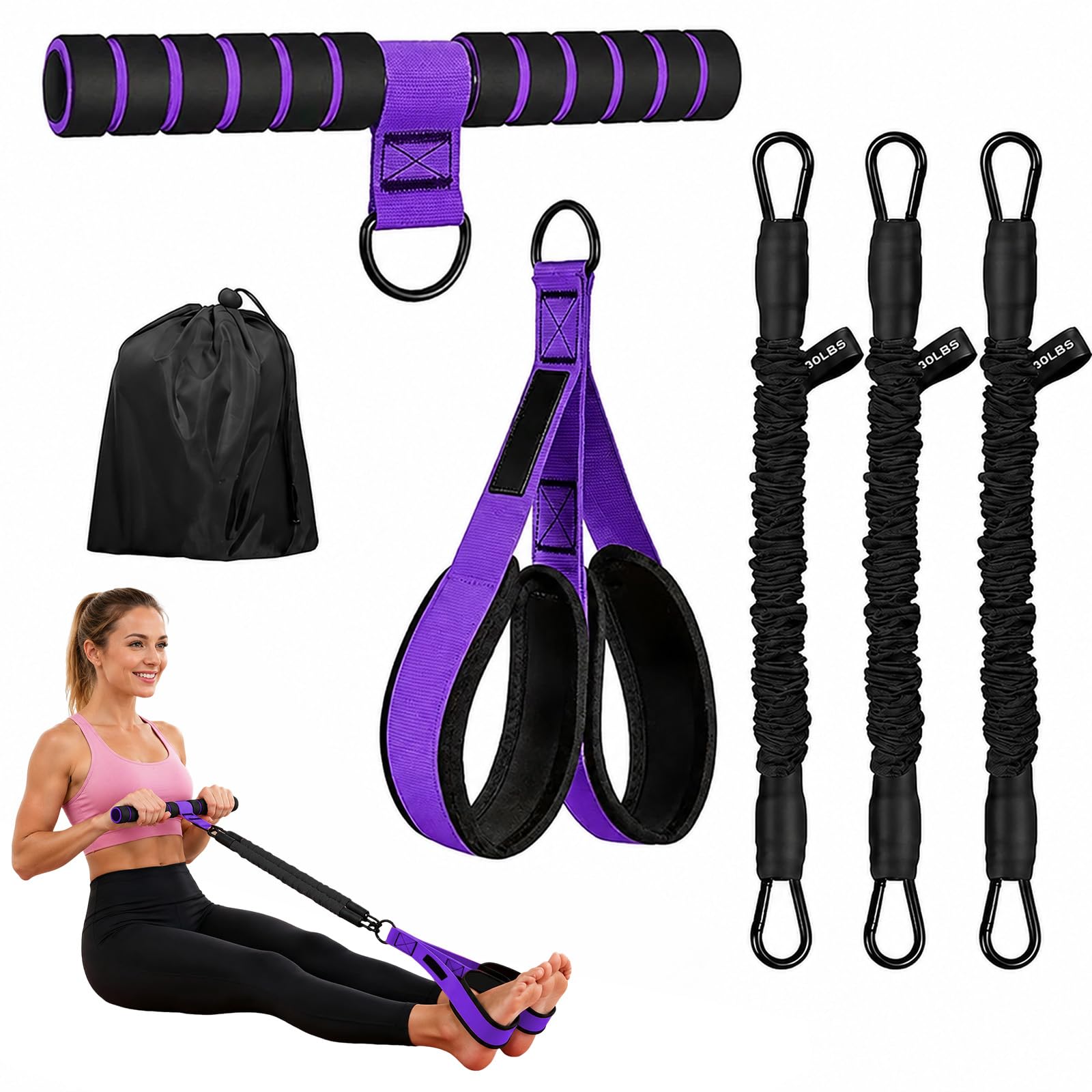 Upgraded Multifunction Pedal Resistance Band With Handle, 3 Tube Adjustable Resistance Bands With Soft Foot Pedal For Abdomen, Waist, Arm, Core/Abs Sit Up Exercise Bands Resistance For Women (Purple)