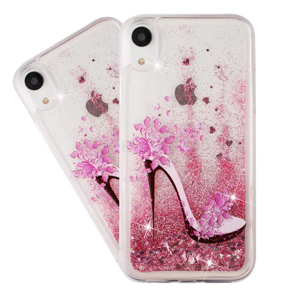 HMTECHUS iPhone XR 2018 Case for Girl Glitter Liquid Sparkle Floating Shiny Quicksand Clear Soft TPU Silicone Shockproof Protective Bumper Thin Cover for iPhone XR 6.1 inch Bling High Heels XY