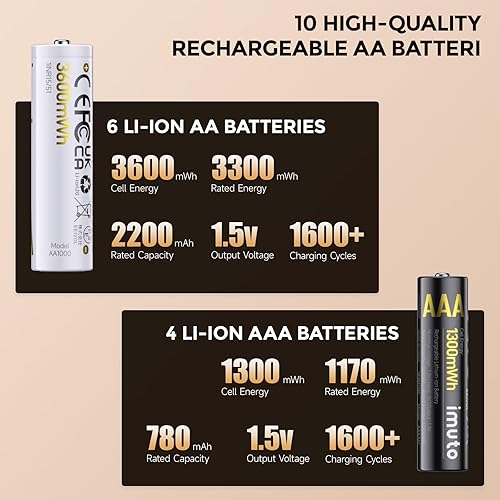 Miniatura 4 de imuto 6 pilas de litio recargables AA y 4 AAA con cargador, cargador de batería de iones de litio y NiMH, baterías triple A doble A, cargador de