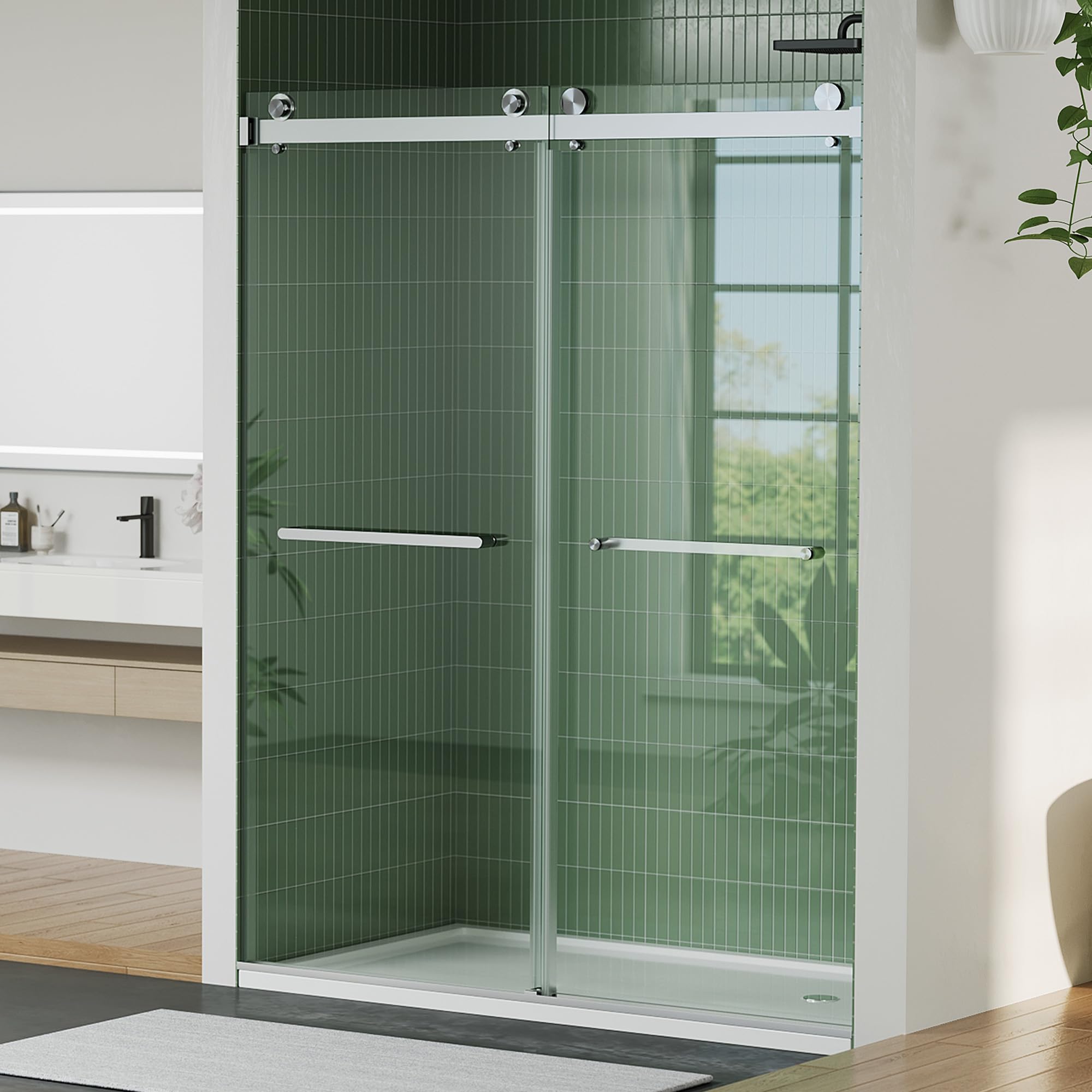 44-48" W x 74" H Shower Doors, Frameless Shower Door, Double Sliding Glass with 1/4" (6mm) Clear Tempered Glass for Bathroom,Brushed Nickel
