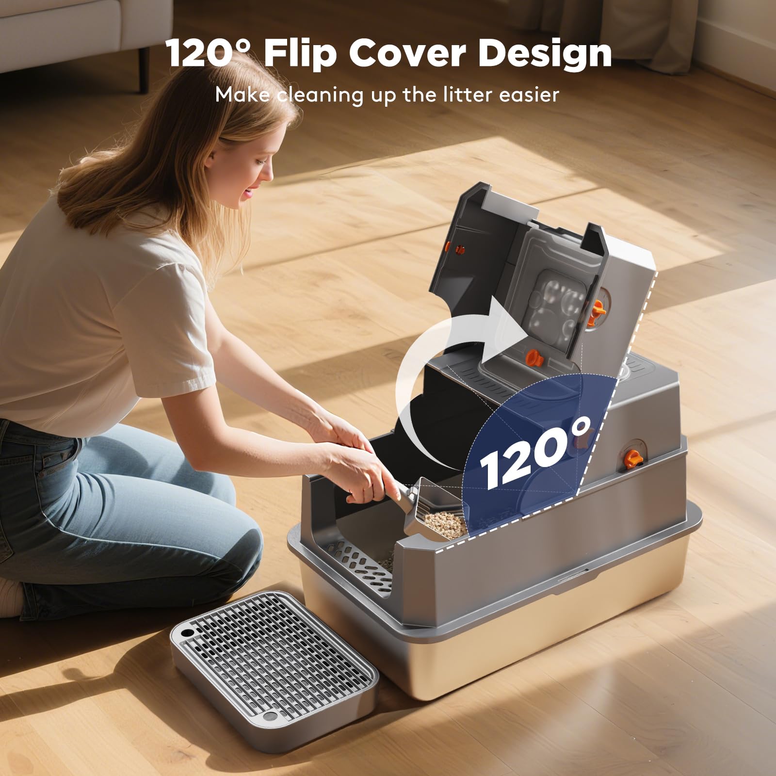 FURTIME Stainless Steel Litter Box with Lid, Large Enclosed Cat Litter Box for Big Cats, Metal Cat Box with High Sided Enclosure & Scoop, Front & Top Entry, Odor Free, Anti-Leakage, Grey