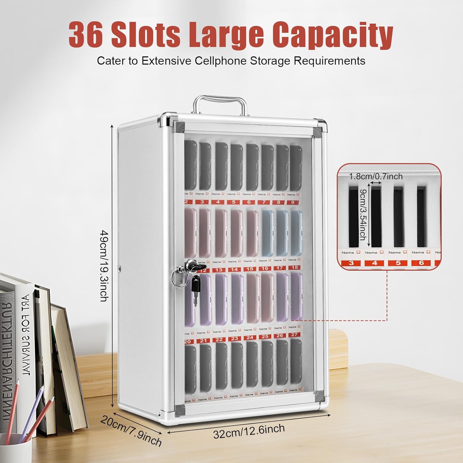 36 Slots Cell Phone Locker for Classroom Aluminum Alloy Cell Phones Storage Cabinet Portable School Pocket Chart Locker Box w/Lock and Handle for Office Classroom Conference Room Table Wall Silver