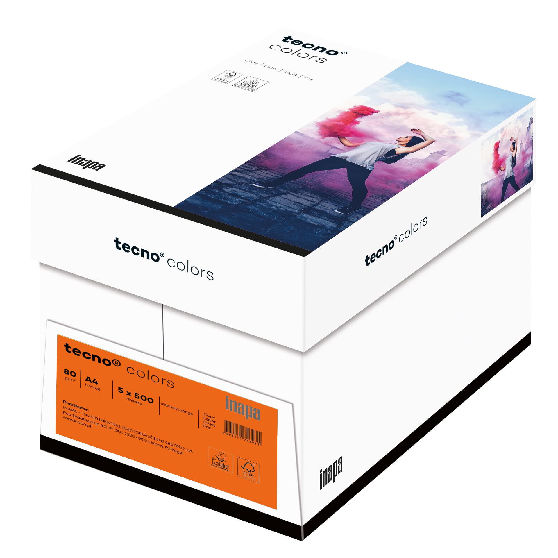 inapa farbiges Druckerpapier, buntes Papier tecno Colors: 80 g/m², A4, 2.500 Blatt (5x500), intensivorange