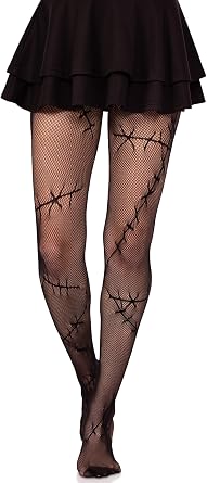 Leg Avenue Womens Stitched Up Halloween Tights Goth Fishnets Alt Clothes Black Patterned Tights for Women, Black, One S
