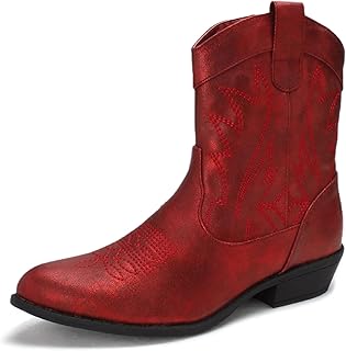PEPPEP Western Cowgirl Cowboy Ankle Boots for Women or Ladies, Mid Calf, Vegan Leather Embroidered Upper, Low Heel, Fashio...