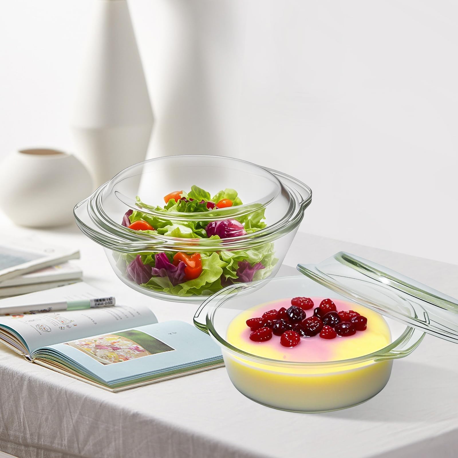 Set di 3 casseruole rotonde in vetro con coperchio, 0,7 L/1,5 L/2 L, piatti per Gratin in vetro borosilicato trasparente, resistenti al forno e alla lavastoviglie, per cucina, servizio e conservazione