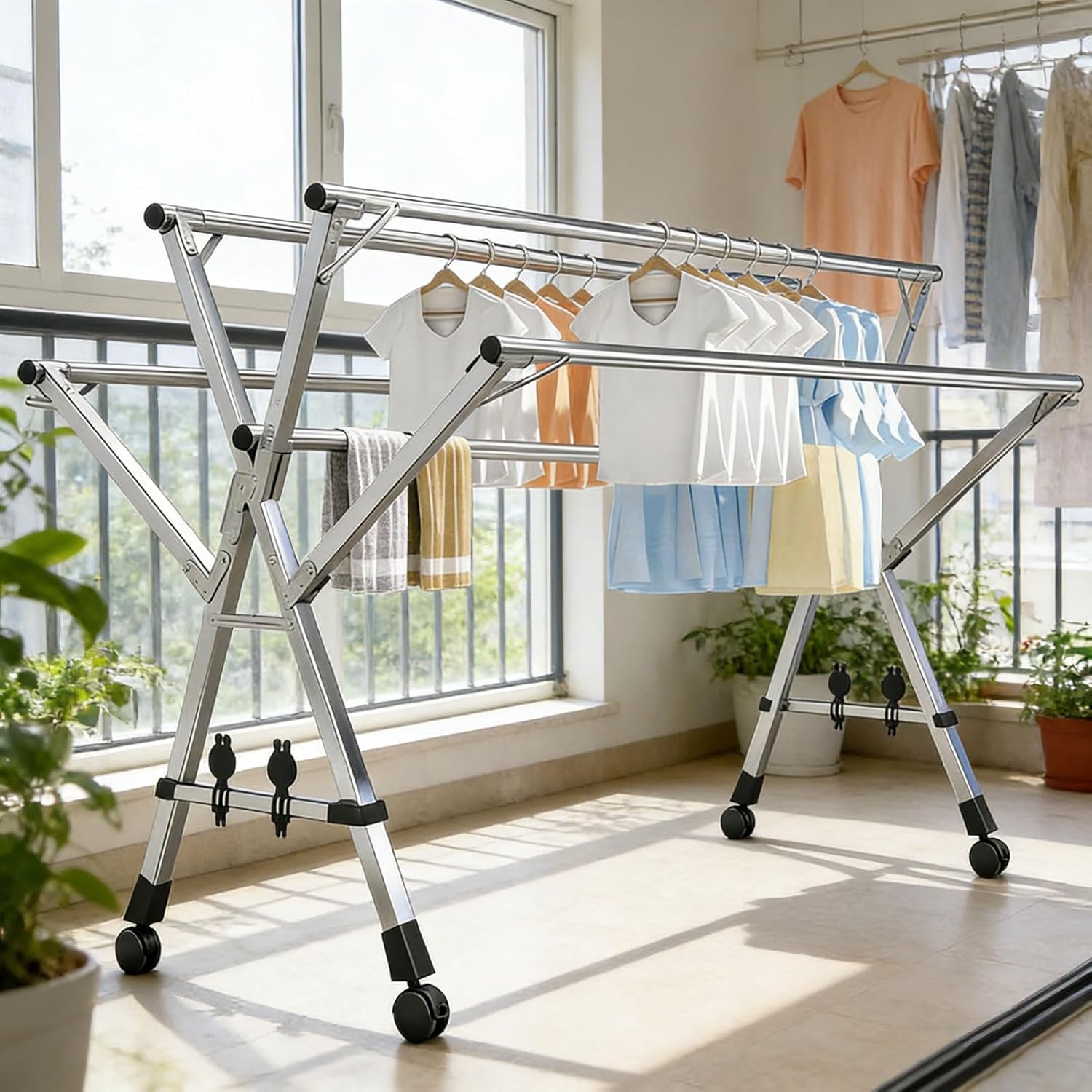 HUHJYUGE Heavy Duty Stainless Steel Clothes Drying Rack, 5 Poles Foldable Outdoor Laundry Rack with Wheels, Retractable Portable Garment Stand, No Installation Needed (160cm/63inch)