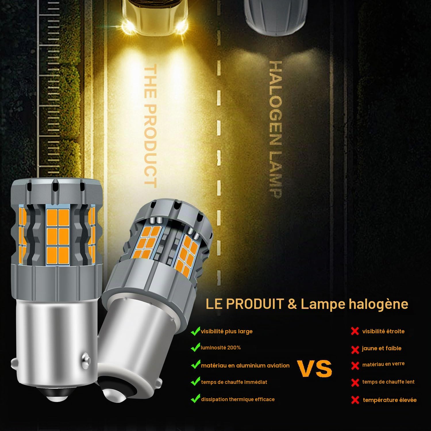 2Pcs PY21W 1156 7507 BAU15S Ampoule de clignotant LED, Sans erreur CANBUS Ampoule de Remplacement Anti Hyper Flash 300% Super Lumineux Ambre 30-SMD 25W 4000LM