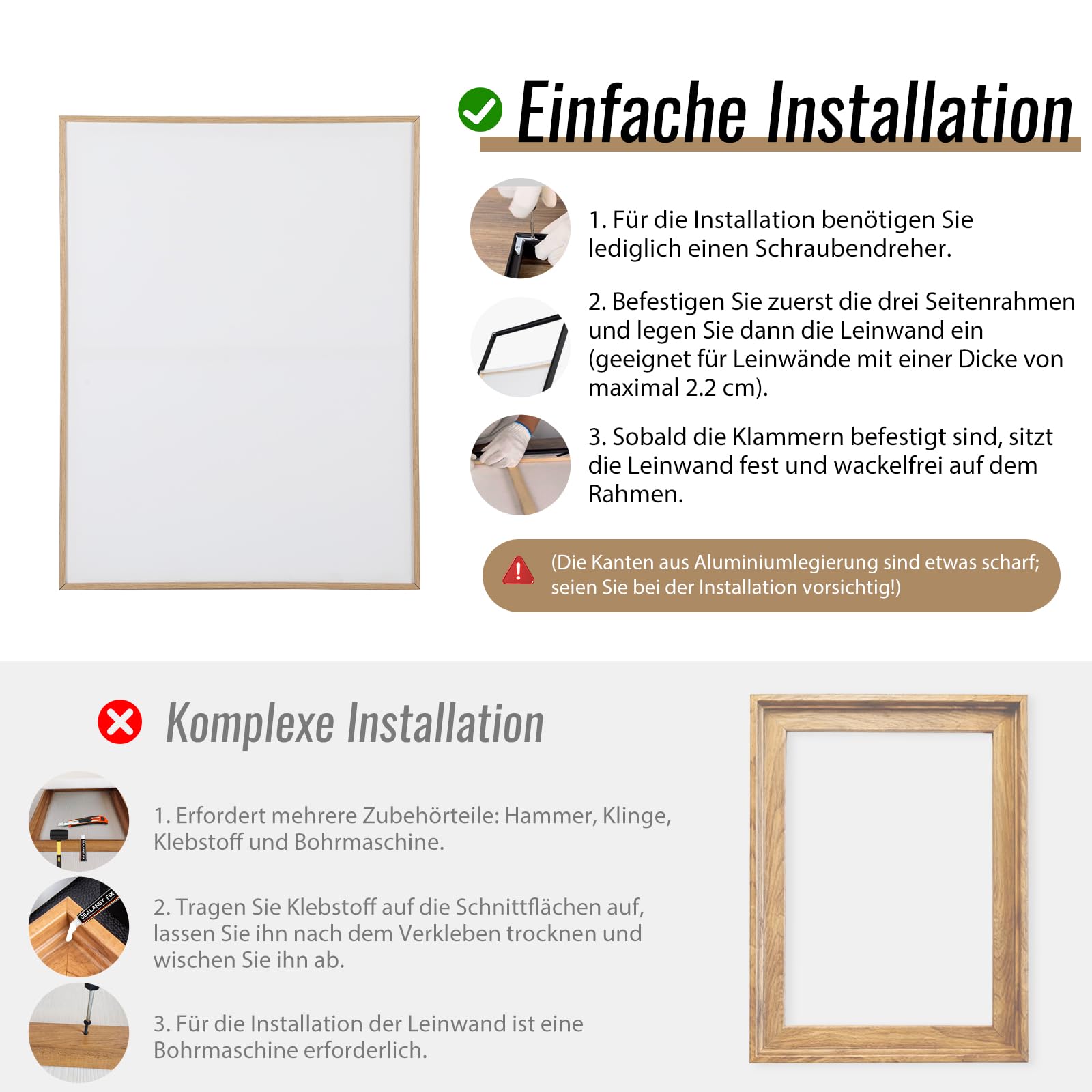 Cadre à joints creux 60 x 80 cm, cadre en aluminium pour toile, montage sans perçage, facilement amovible pour changement de motif, cadre photo noir pour toile/châssis (couleur bois, 60 x 80 cm)