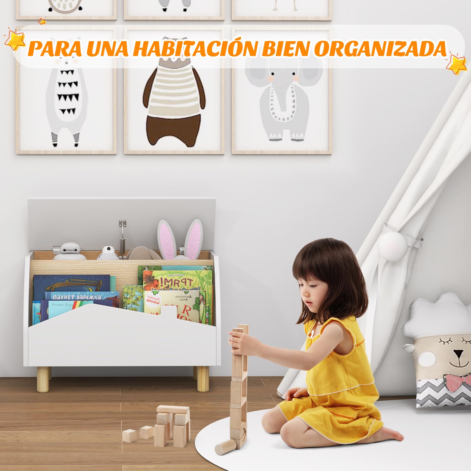 COSTWAY Estantería de Juguetes con Almacenamioneto, Baúl de Juguetes de Madera con Estante Expositor, Librería Infantil con Bisagra de Seguridad, Caja de Juguetes para Niñas y Niños (Blanco)