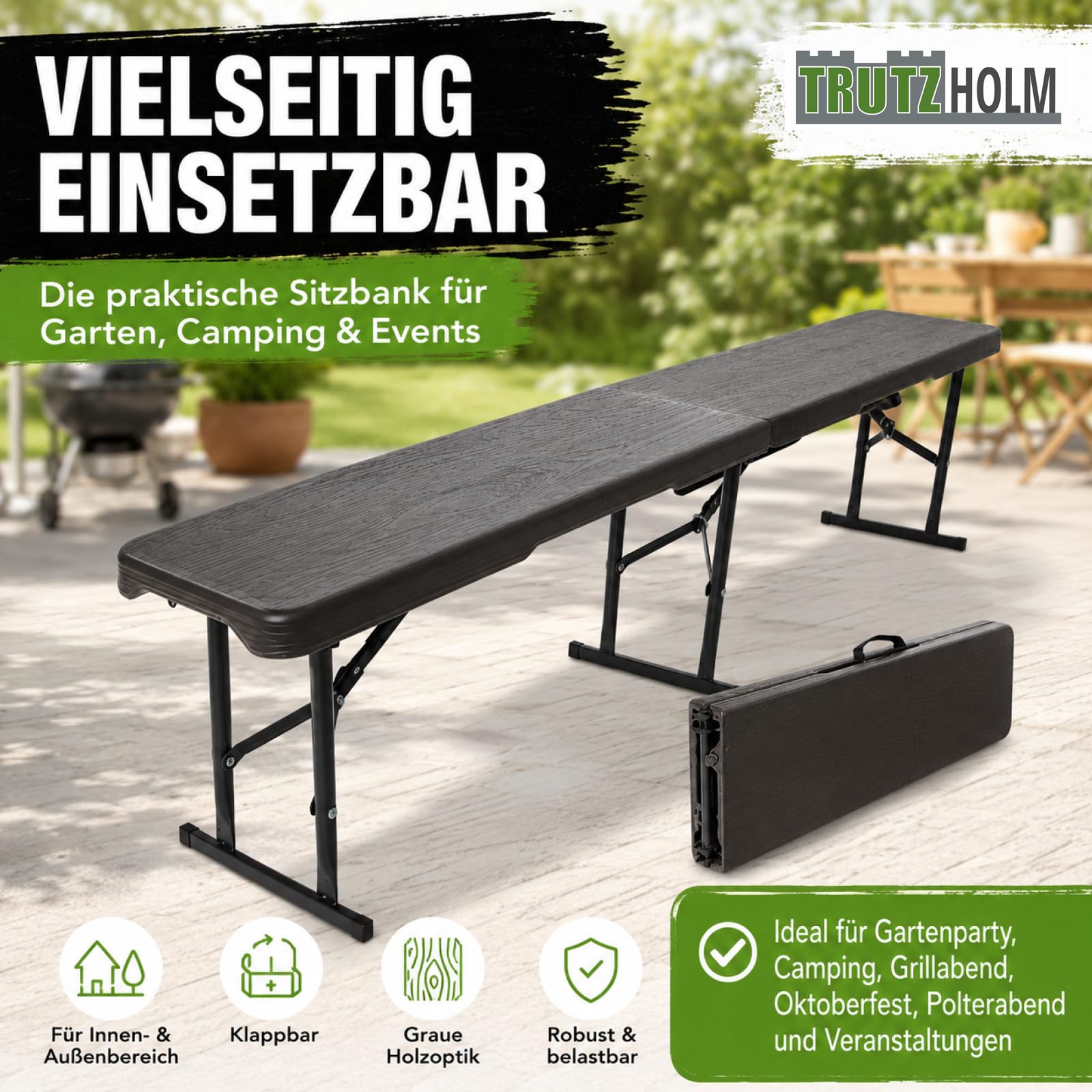 TRUTZHOLM Bierbank Klappbank aus Kunstoff Grau Holzoptik 180cm klappbar Bierzeltbank Campingbank