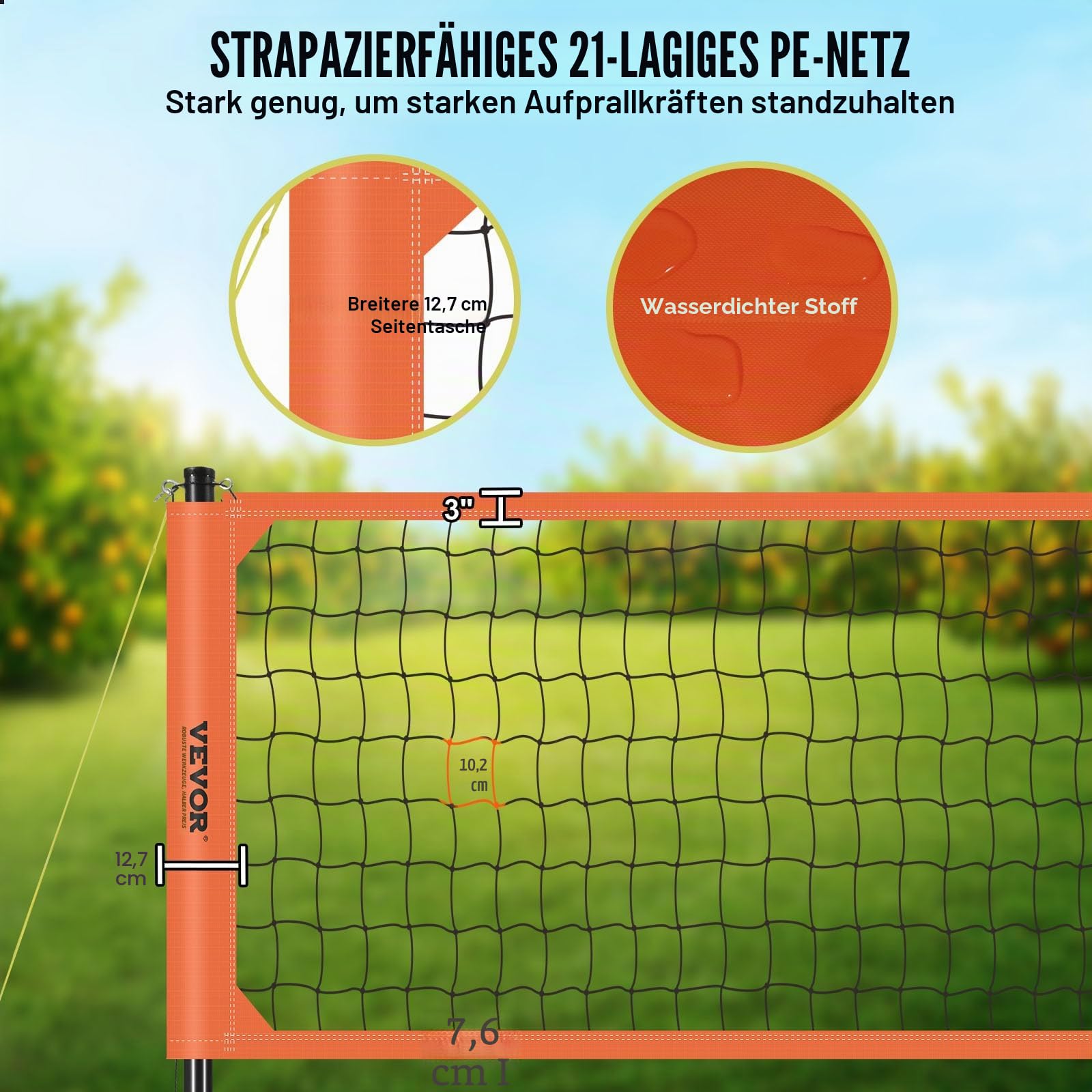 VEVOR Höhenverstellbares Volleyballnetz Set, 9,7 x 2,4 m Tragbarer Beachvolleyball-Netz, Orange Faltbar Mit Volleyball & Tragetasche, Für Garten, Strand