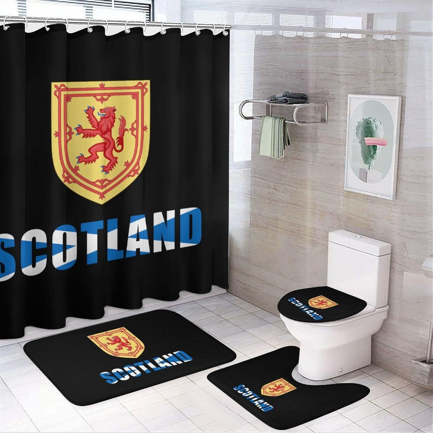 Scottish Flag Britain Modern Bathroom Sets with Shower Curtain and Rugs Decor 4 Pcs with 12 Hooks