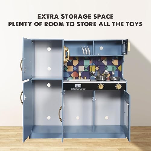 Miniatura 2 de Juego de juguetes de cocina de madera con luz, juego de cocina de juguete de simulación para niños, horno de juguete para fregadero con microondas,