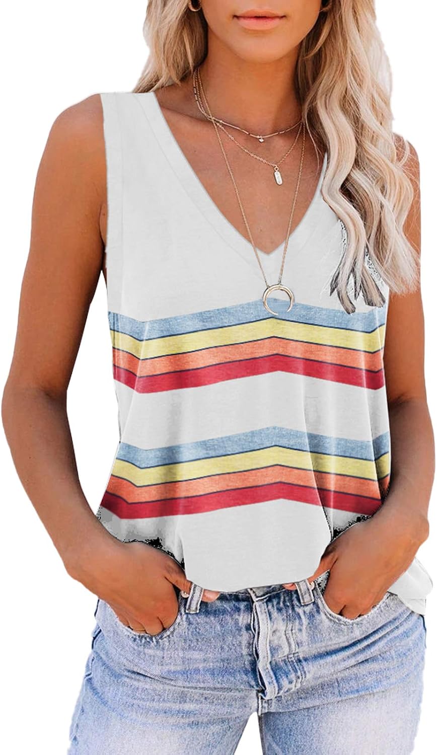 ETCYY Women's Sleeveless V Neck Tank Tops Summer Tops Trendy 2024 Causal Cute Printed Loose Fit Workout Athletic Yoga Shirts Large A Color White