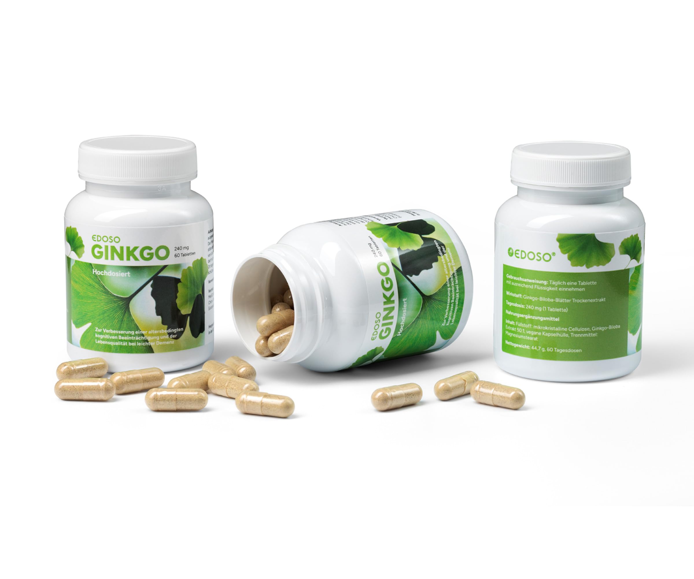 Ginkgo 240 mg | Ginkgo Hochdosiert EDOSO | 60 Tabletten | 50:1 pflanzliches Extrakt Konzentrat | Bei Vergesslichkeit im Alter oder leichter Demenz