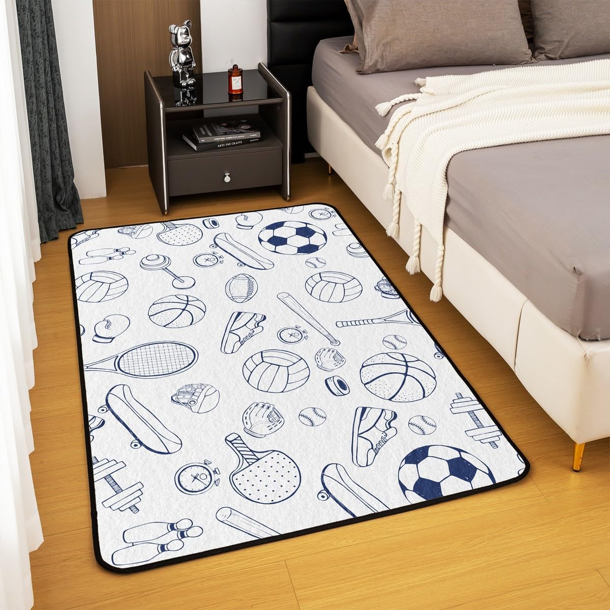 Cartoon Balls Area Rug 3x5 Sketch Basketball Baseball Rug for Girls Boys Kids Adult American Sports Game Carpet for Living Room White Blue Non Slip Washable Decorative Rug
