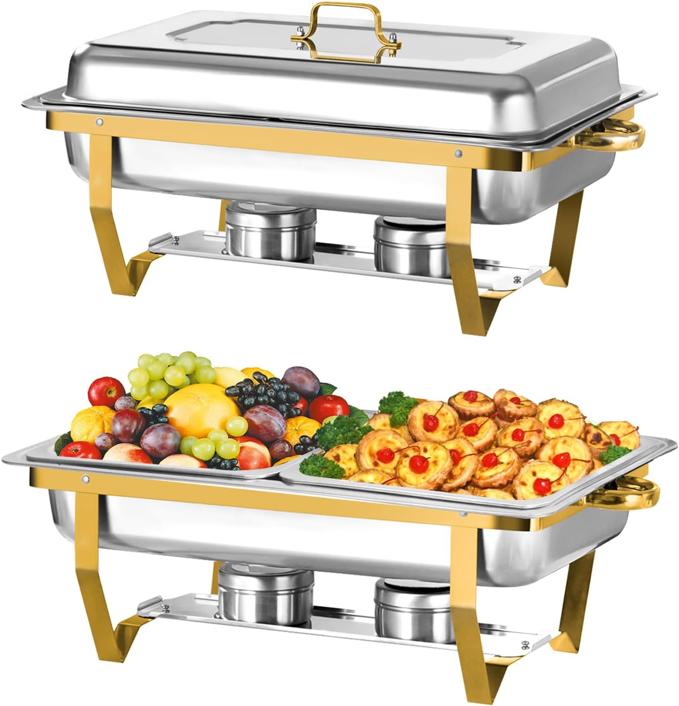 Chafing Dish for Buffet, 4 Pack 8QT Stainless Steel Chafing Servers Food Warmer Set with 8 x 1/2 Size Food Pan for Kitchen Party Banquet Dining, Gold