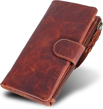 VALENCHI-Soft and Flexible Genuine Leather Ladies Wallet with Metal Zipper and Snap closer Cognac Vintage