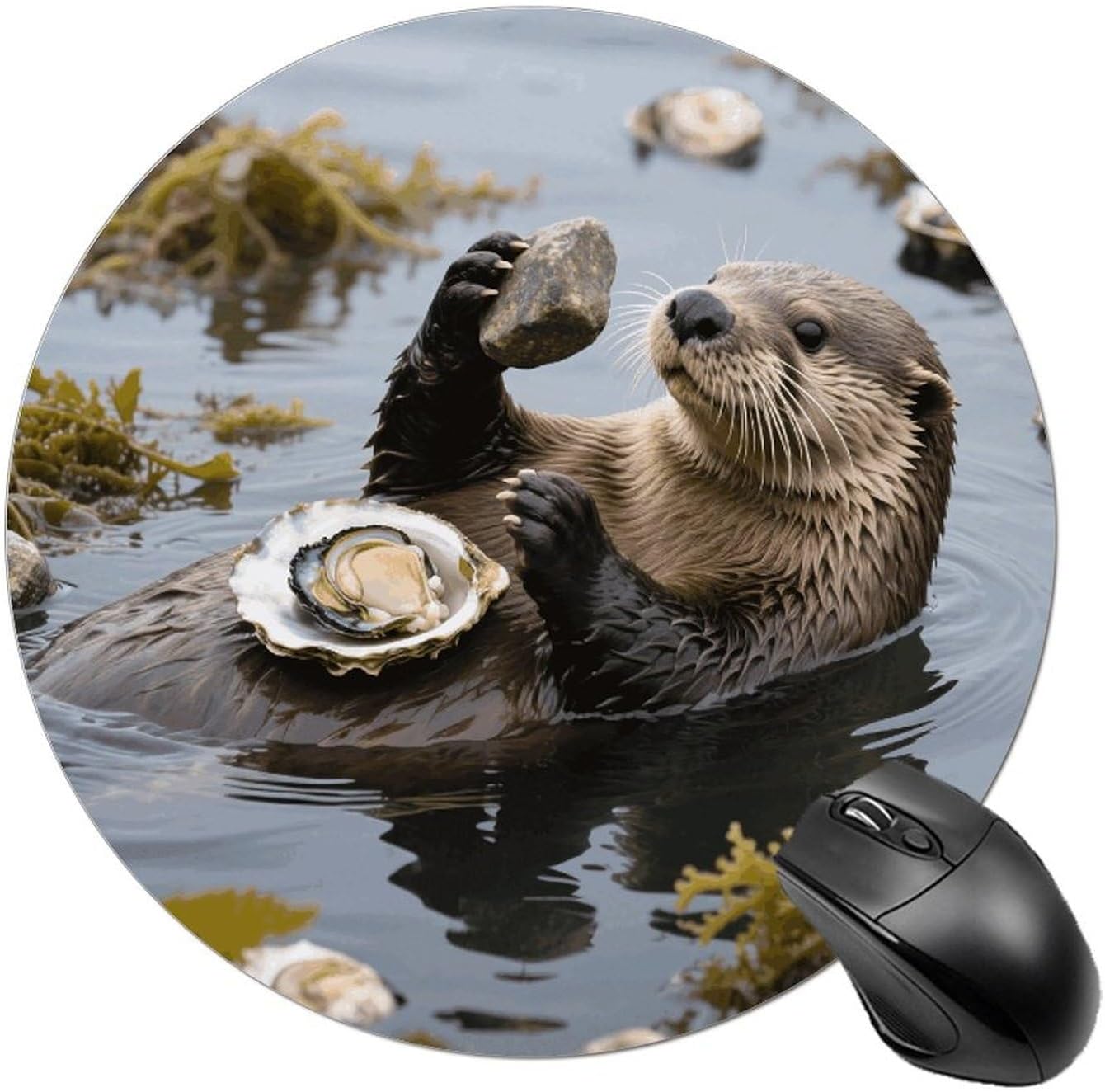 Sea Otter Tool Using Round Mouse Pads Non-Slip Rubber Base Mouse Mat Cute Mousepad Funny Computer Desk Accessories for Office Home Gaming Work 7.8 X7.8 Inch