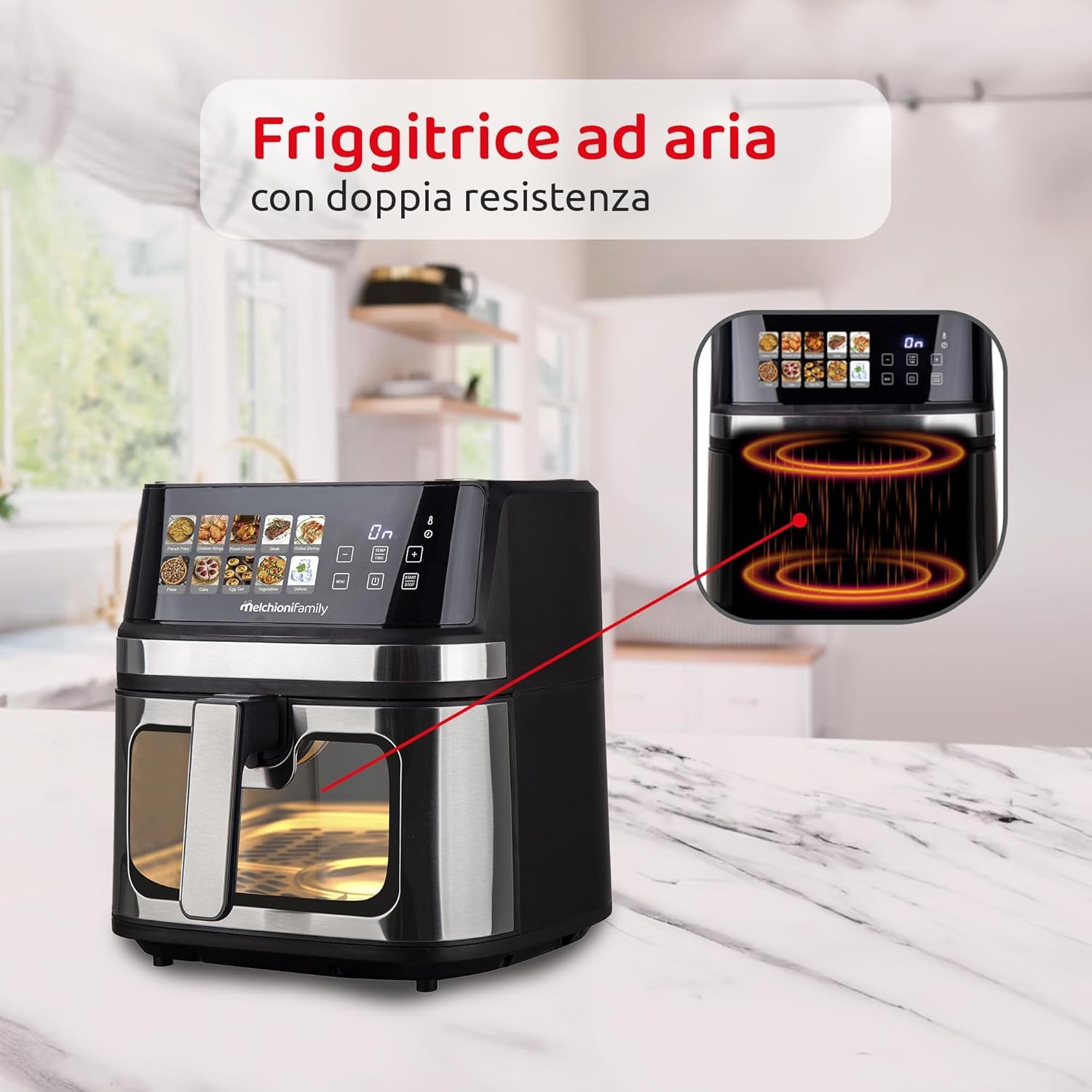 Friggitrice ad Aria 8 Litri Melchioni Gaia Plus Doppia Resistenza 2200 watt Compatta Display Led a Colori 10 Programmi Timer 60 Minuti Vetro 118340044 by Dimensione Elettronica (Ricondizionato)