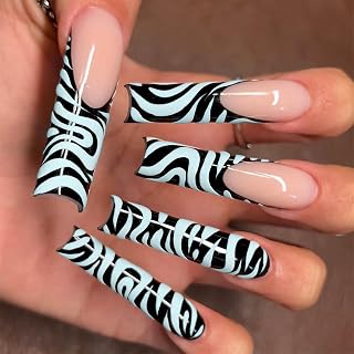 Xxl Press on Nails Press on Black Nails French Tip Press Ons with Zebra Print Designs Coffin Nails Press on Nails Nude Fake Press on Nails Gift for Women