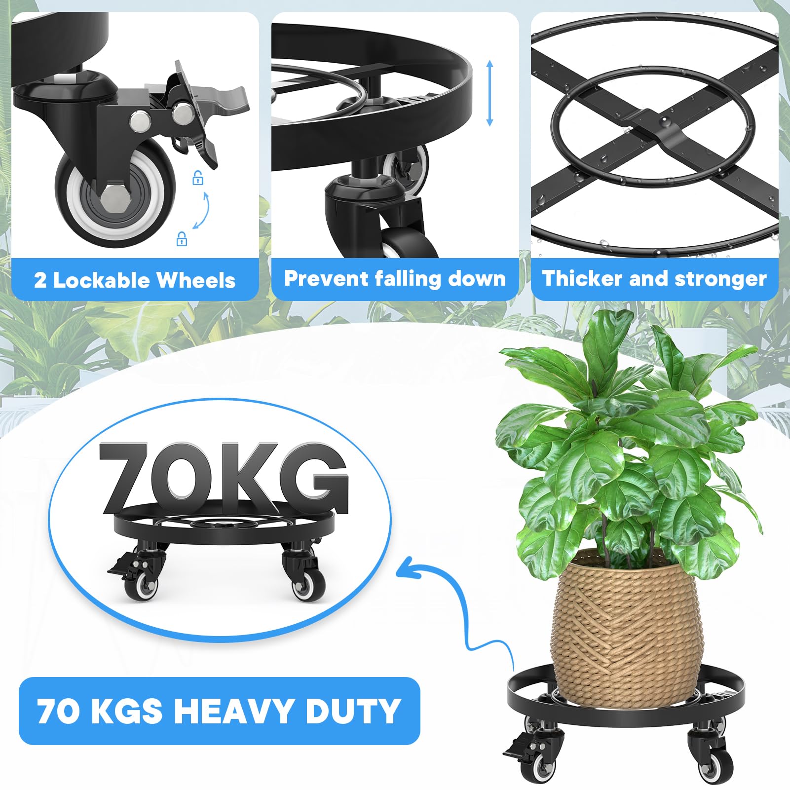 WELDUN Metal Plant Stand with Wheels, Heavy Duty Garden Planter Stand 32cm, Mobile Potting Trolley, Plant Caddy - Image 3