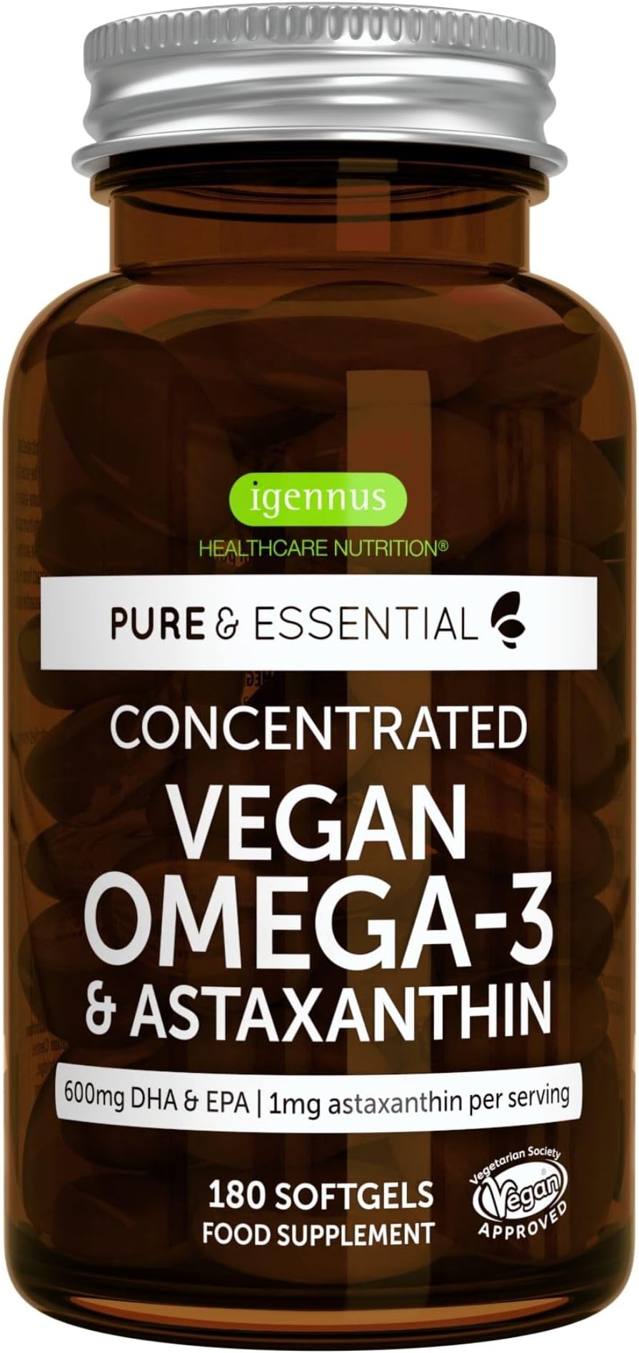 Igennus Vegan DHA & EPA Omega 3 Algae Oil & Astaxanthin, 180 Small Softgels, 1344mg Omega 3, Pure & Sustainable, 400mg DHA & 200mg EPA, Clean Label, 90 Servings,