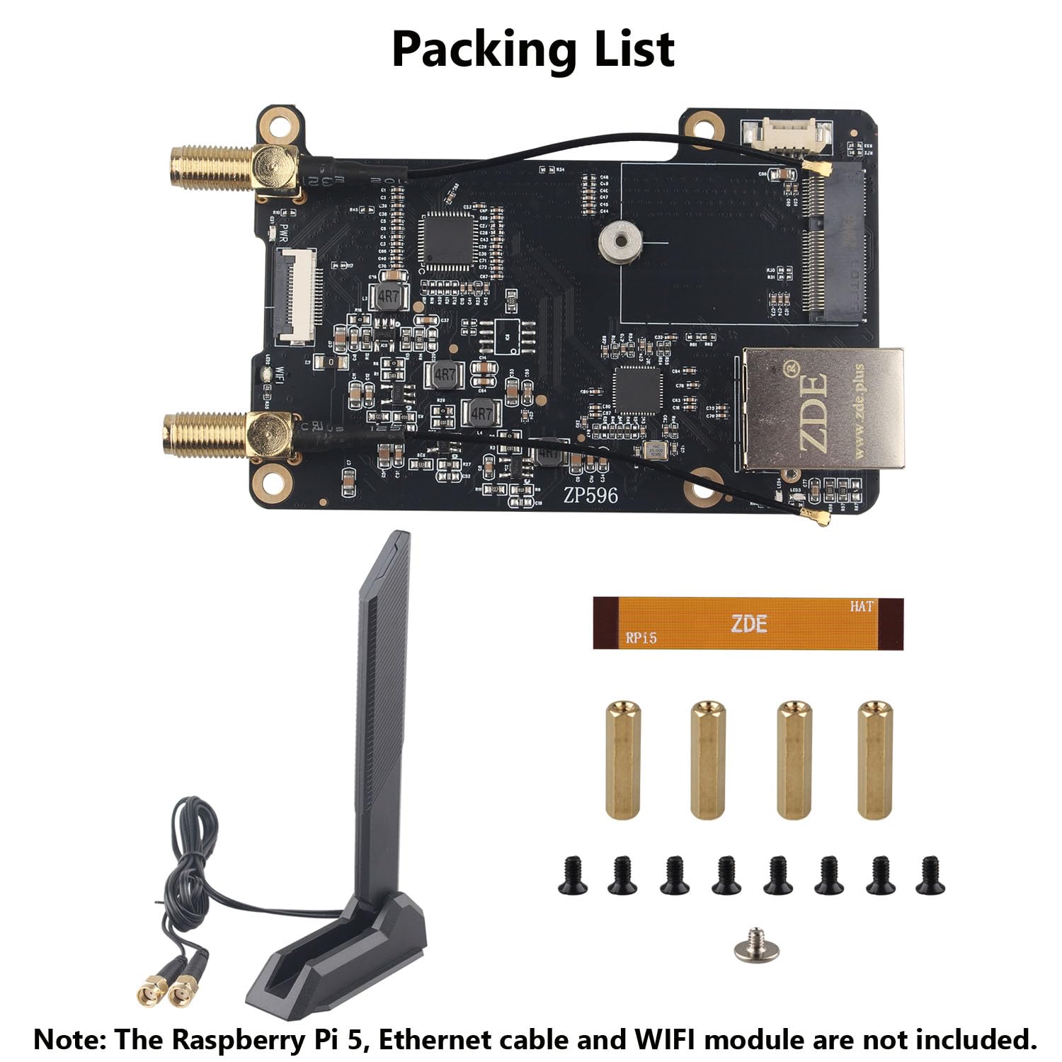 ZDE ZP596C PCIe to M.2 E Key HAT Magnetic Base Antenna WiFi7 6 6E 5 PCIe to 2.5G Ethernet Network Port HAT for Raspberry Pi 5 Support Google TPU WiFi 7 BE200 WIFI6E AX210 MT7922 WIFI6 AX200