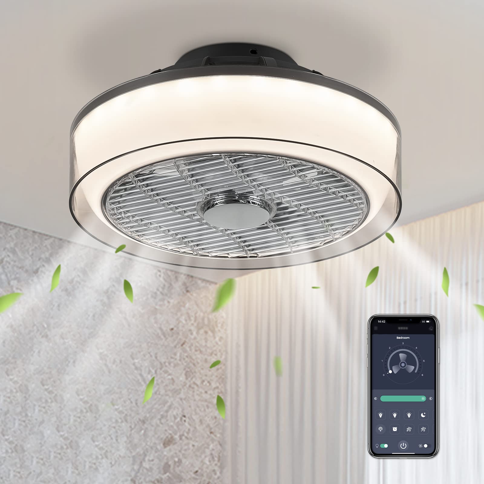 Photo 1 of 7PM Bladeless Ceiling Fan with Light and Remote 16 Inch Low Profile Flush Mount 30W LED Modern Enclosed APP Dimmable Smart Ceiling Fan for Bedroom Kid's Room