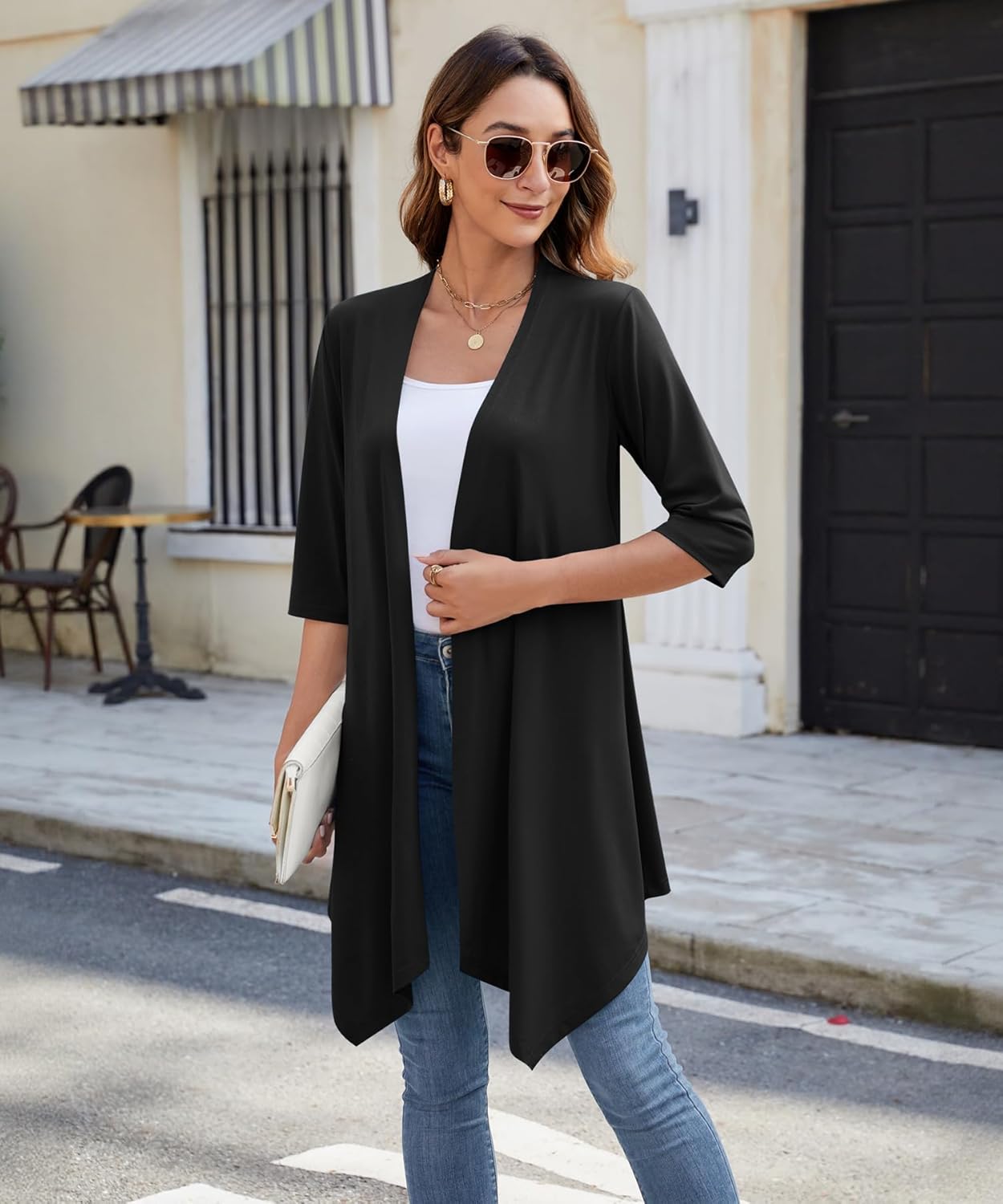 Women's Open Front Cardigan Lightweight Soft Knit 3/4 Sleeve High-Low Draped Hem Loose Casual Duster(Black, X-Large) - Image 2