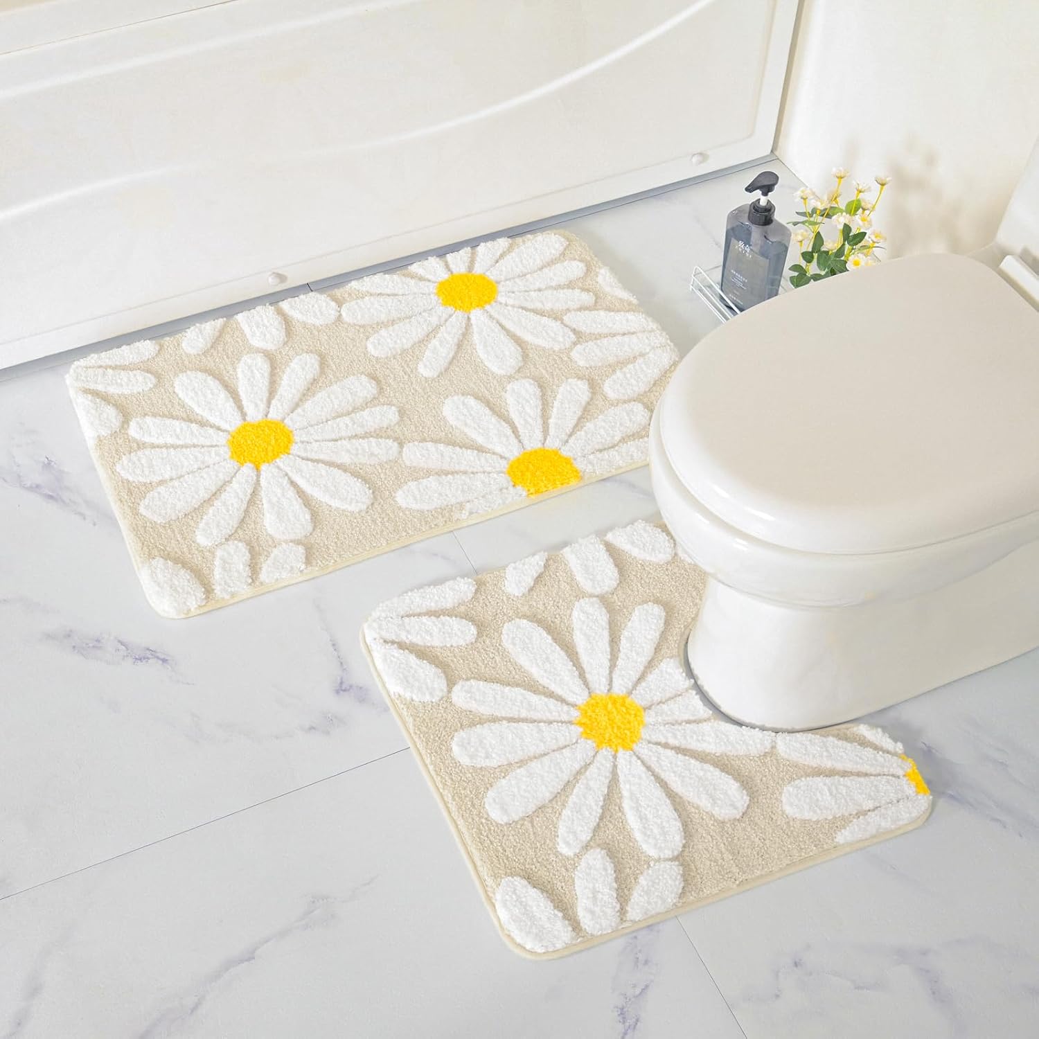 QJHOMO Beige U Shaped Toilet Rug Cute Daisy Contour Bathroom Mat 20" x 20"