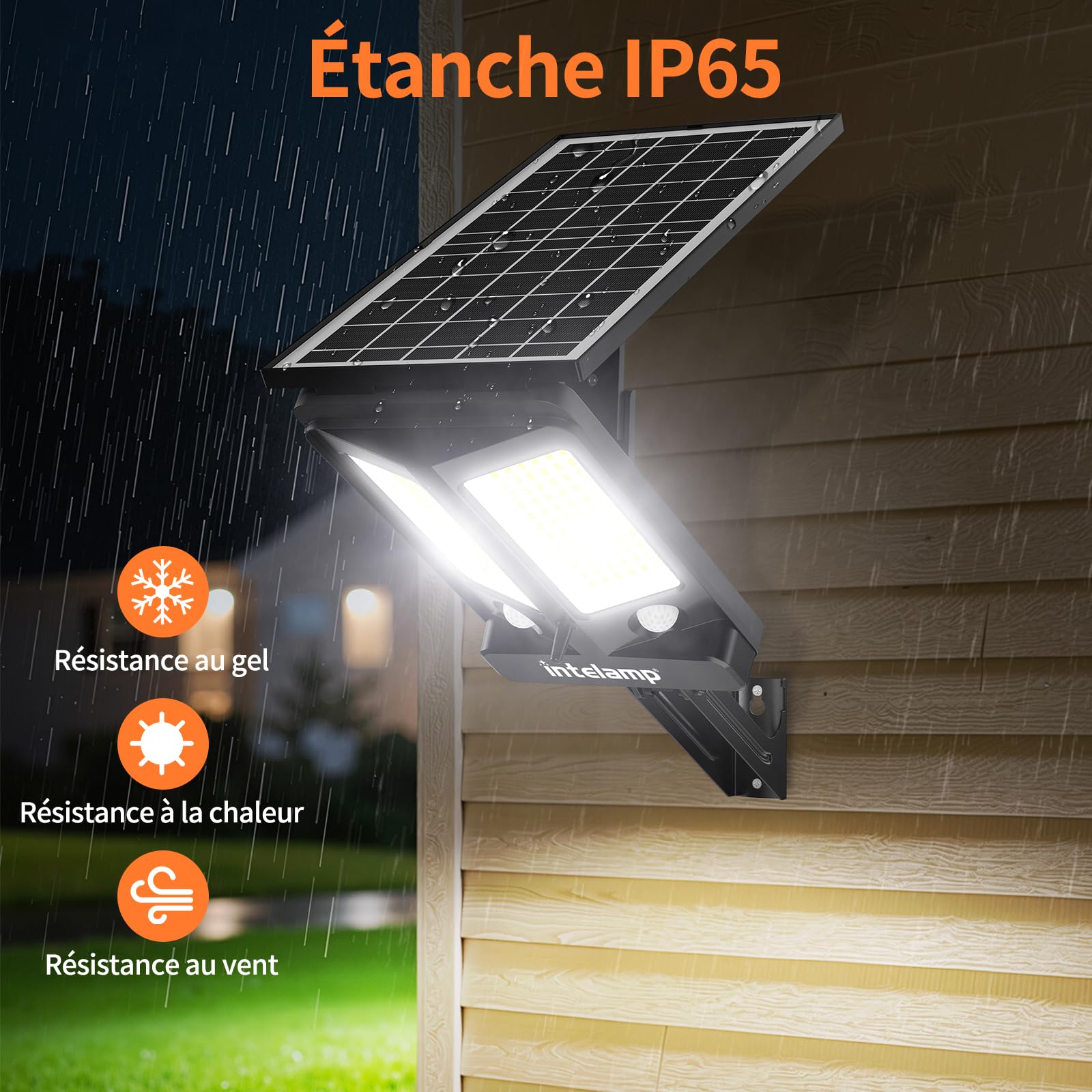 Intelamp - Proyector solar exterior LED 3000LM batería 12500mAh, mando a distancia, 4 modos, doble sensor movimiento 180°, lámpara solar para jardín, garaje, terraza