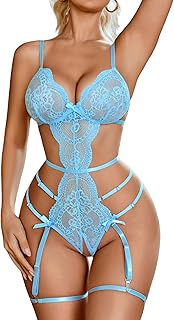 Avidlove Women's Deep V Teddy Lingerie Sexy Lace Bodysuit Cut Out Garter Lingerie Sets