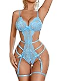 Women's Deep V Teddy Lingerie Sexy Lace Bodysuit Cut Out Garter Lingerie Sets