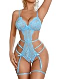 Women's Deep V Teddy Lingerie Sexy Lace Bodysuit Cut Out Garter Lingerie Sets