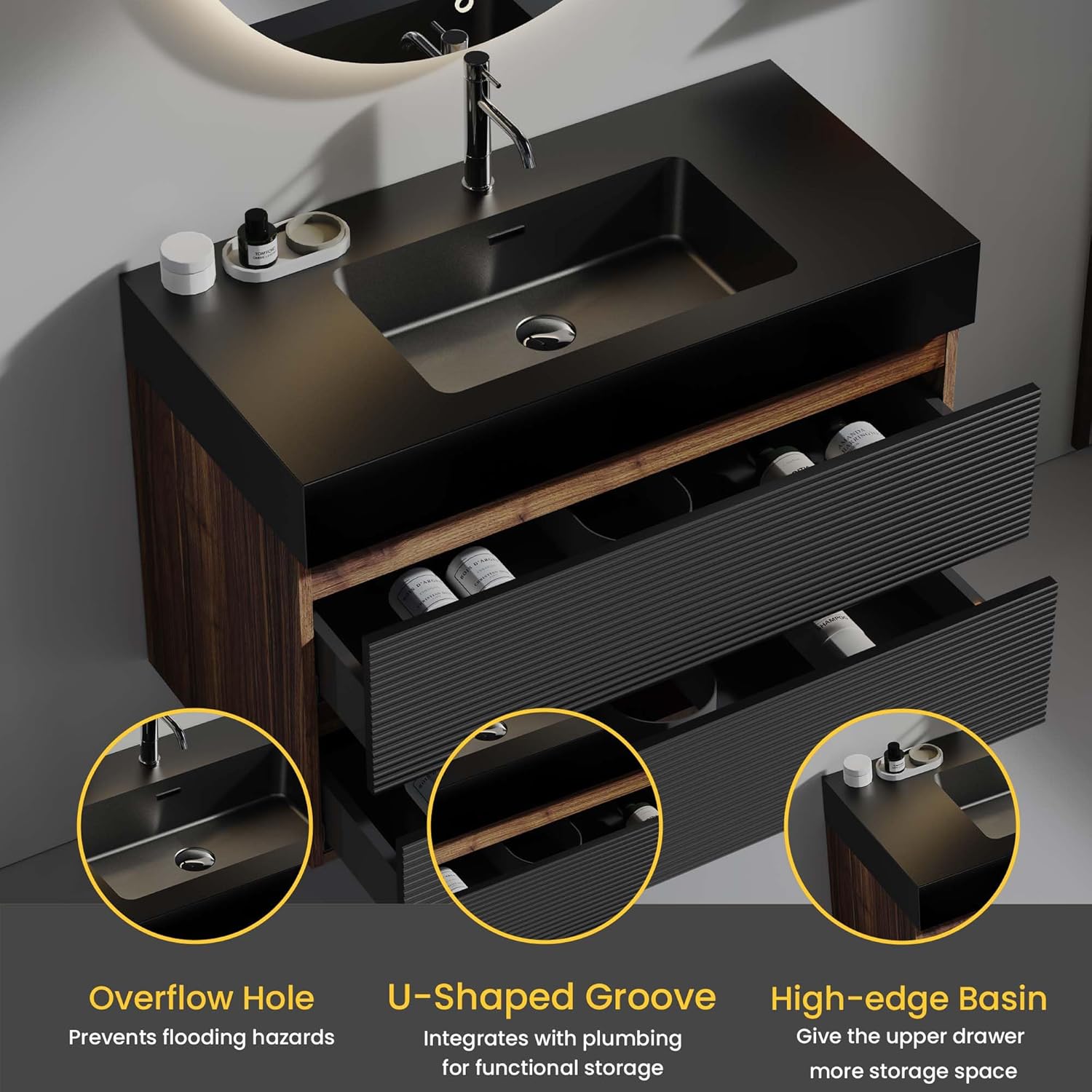 Close-up of the engineered quartz sink highlighting the overflow hole, U-shaped groove, and high-edge basin.