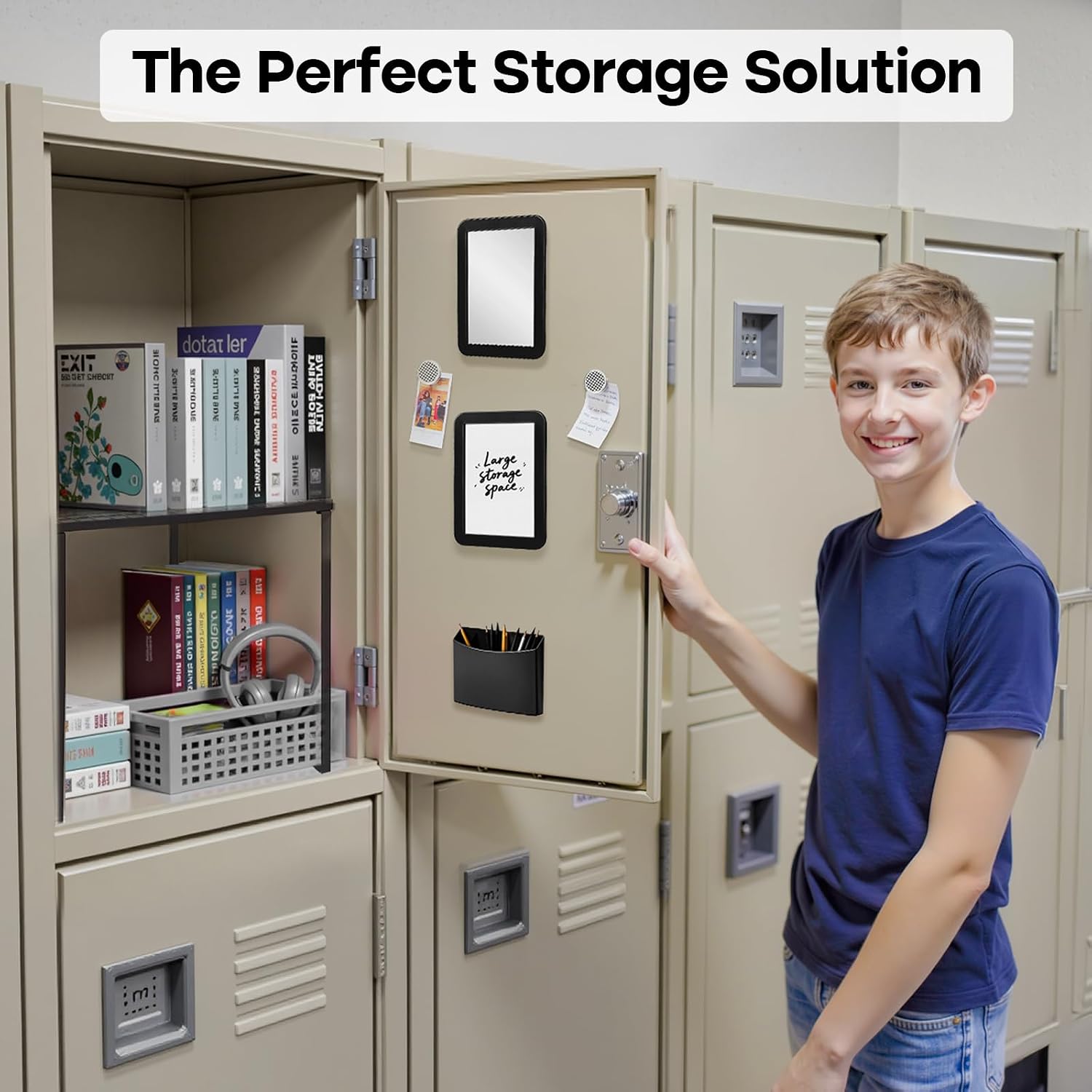 Locker Organizer Accessories Kit for Boys, 8 Pcs Black Locker Decorations for Middle School, Back to School Preppy Essentials Set