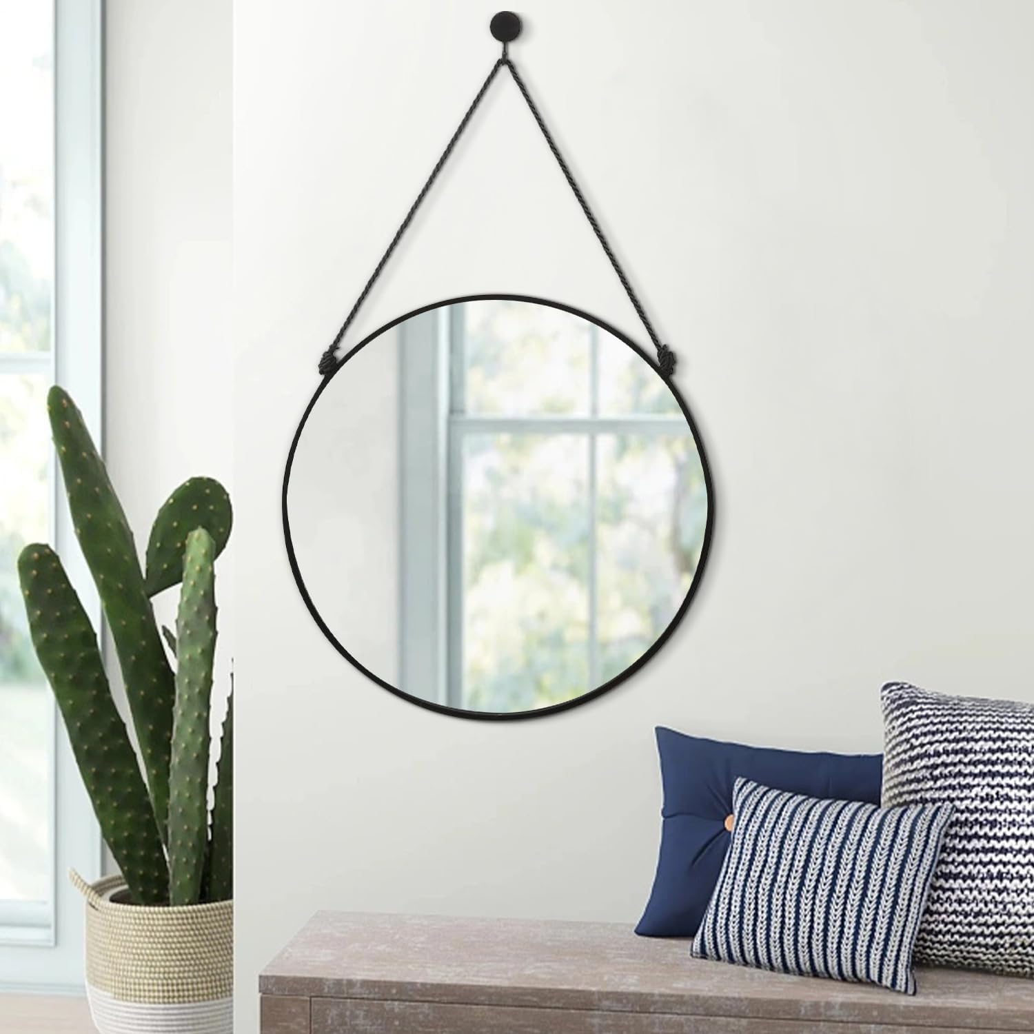 Circle Hanging Wall Mirror - Black Round Mirror, 16 Inch, Modern Home Decor for Bathroom, Living Room, Bedroom, Entryway, Hallway, Washroom, Dorm