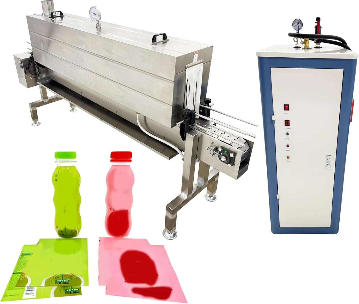 INTSUPERMAI Steam Label Heat Shrink Machine for Beverage/Bottle Packaging - 5.6FT Heating Chamber, Dual Safety Valve, Precise Temp Control (75-95°F), Stainless Steel Construction 220V 3 Phase